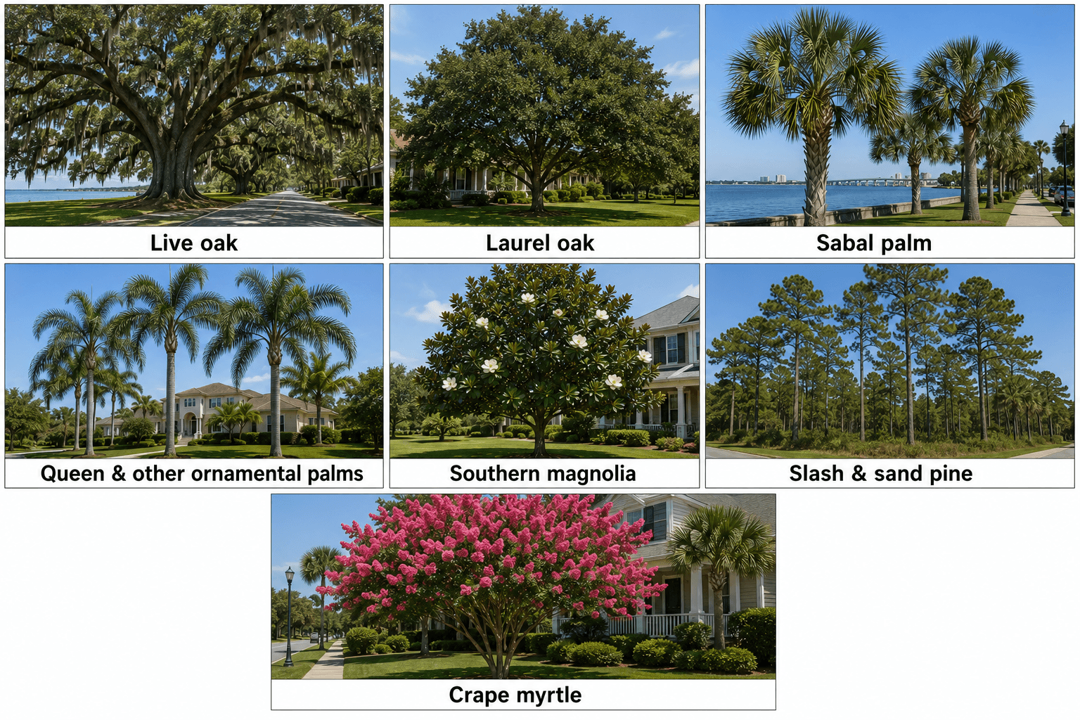 Leaf and frond details from live oak, sabal palm, laurel oak, and magnolia trees in Tampa